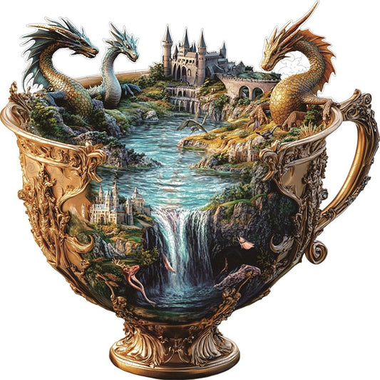 Drachen über Schloss Wasserfall Holz-Puzzle