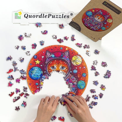Lustiges Astronauten-Katze-Holzpuzzle