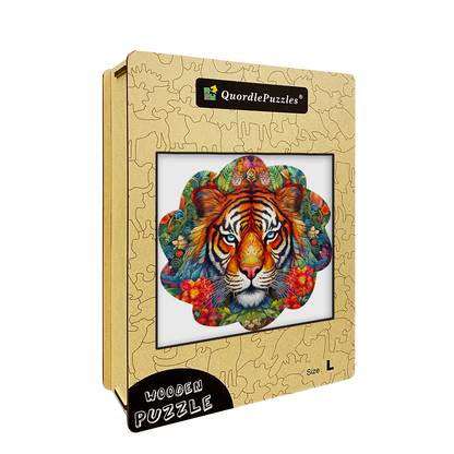 Holzpuzzle „Tiger mit Blumen“.
