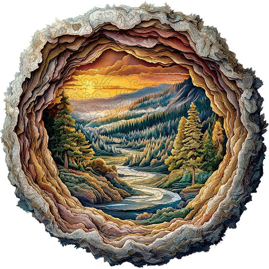 Schichtpapierlandschaft eines Flusses bei Sonnenuntergang