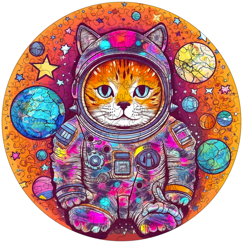 Lustiges Astronauten-Katze-Holzpuzzle