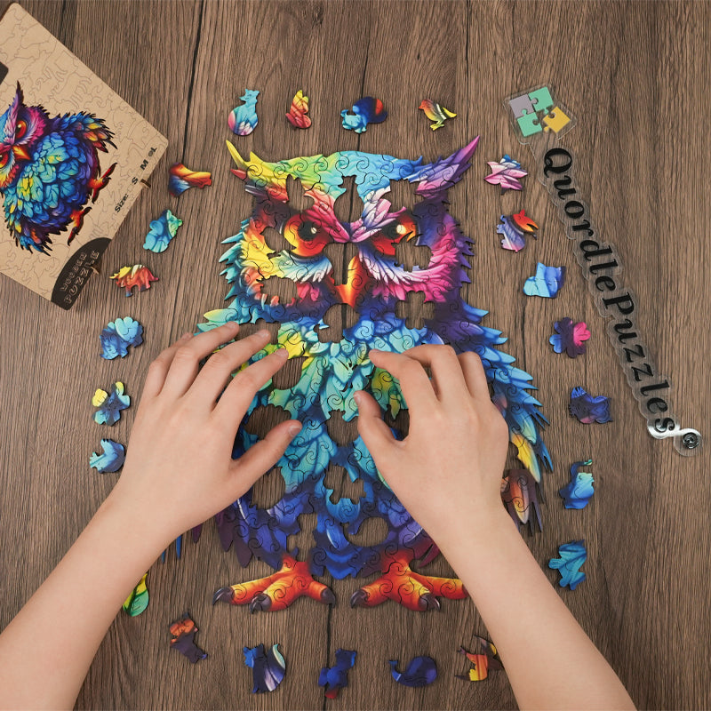 🔥Letzter Tag –Holzpuzzle „Eule mit bunten Federn“.