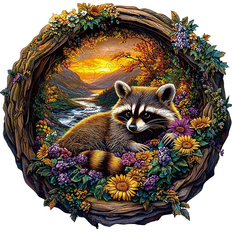 Ein Waschbär inmitten bunter Blumen