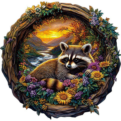 Ein Waschbär inmitten bunter Blumen