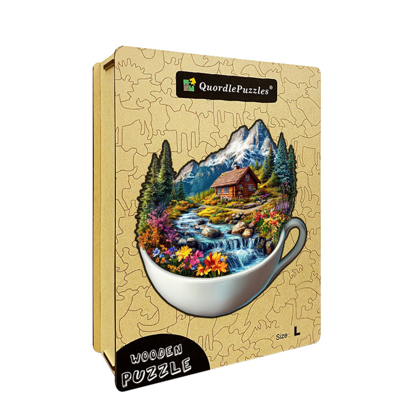 Berghütte in einer Tasse Holz-Puzzle