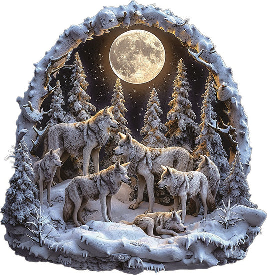 Wolfsrudel im Schneemondlicht Holz-Puzzle