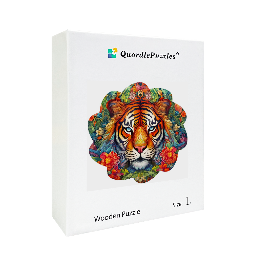 Holzpuzzle „Tiger mit Blumen“.