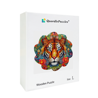 Holzpuzzle „Tiger mit Blumen“.