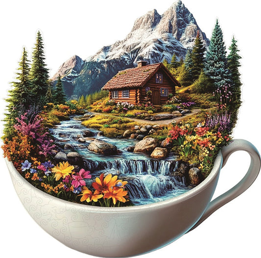 Berghütte in einer Tasse Holz-Puzzle