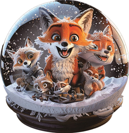 Fuchsfamilie in Schneekugel Holz-Puzzle