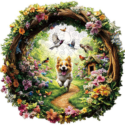 3D Hund im Blumengarten Holzpuzzle