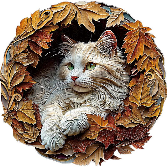 Eine Katze umgeben von Herbstblättern