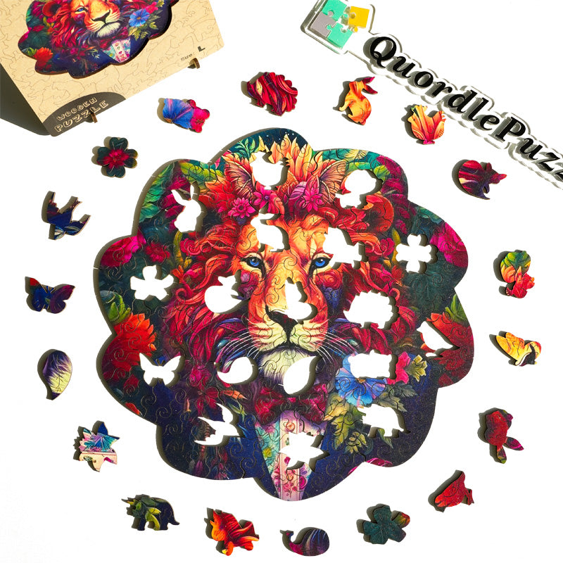 Ästhetisches Holzpuzzle „Löwe in Blumen, Eule“.