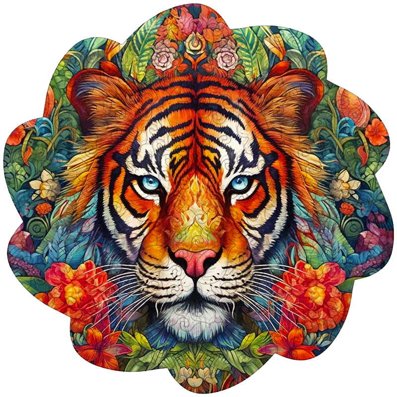 Holzpuzzle „Tiger mit Blumen“.