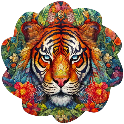 Holzpuzzle „Tiger mit Blumen“.