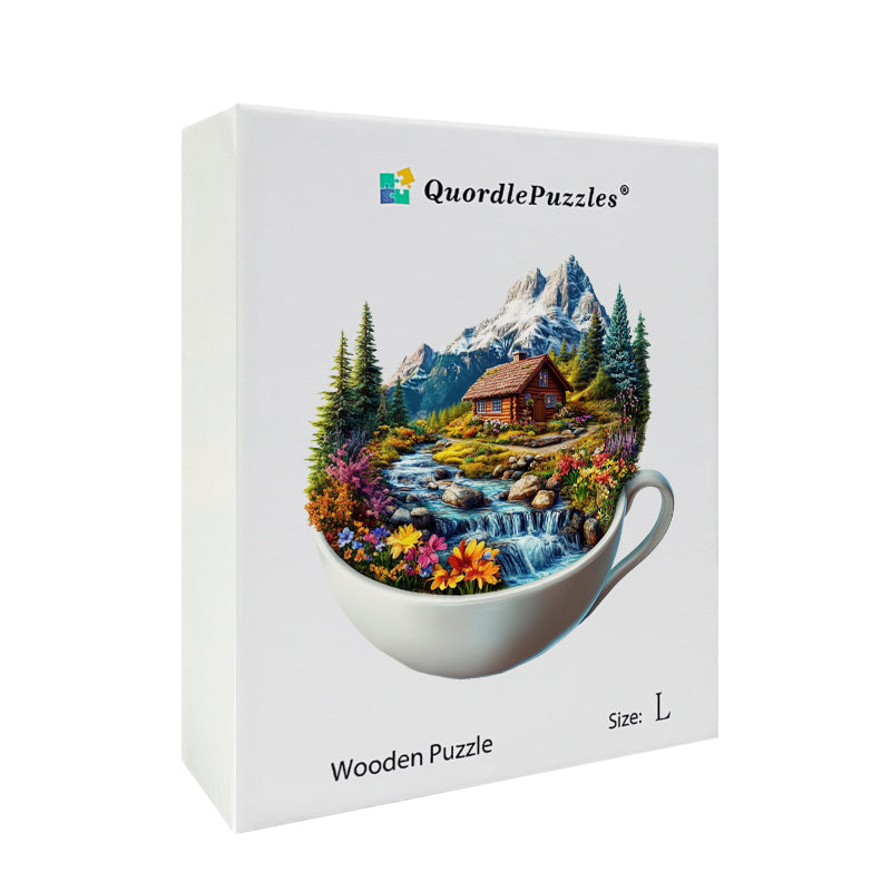 Berghütte in einer Tasse Holz-Puzzle