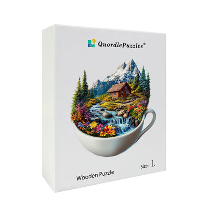 Berghütte in einer Tasse Holz-Puzzle